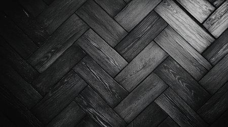 Close-up of dark herringbone wood flooring texture, highlighting the intricate geometric patternの素材