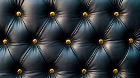 Black leather upholstery with polished gold buttons forming a classic tufted luxury design backgroundの素材