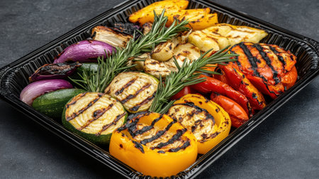Delicious assortment of grilled vegetables on a black tray, featuring vibrant colors and fresh rosemary sprigsの素材