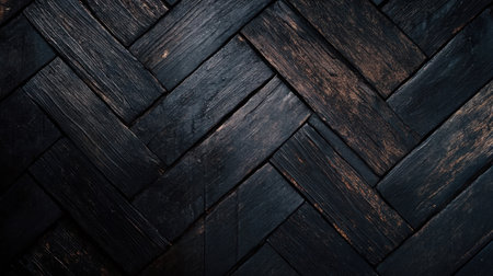 Dark wooden surface with a herringbone pattern, showcasing rich textures and intricate detailsの素材