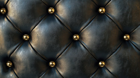 Elegant tufted black leather upholstery with shiny gold button accents, a seamless luxury textureの素材