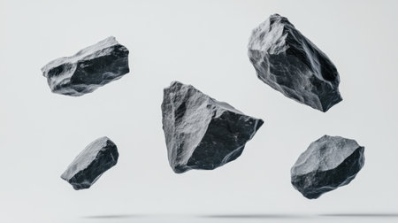 Floating dark meteorite stones with jagged edges and rough surfaces against a clean white backdropの素材