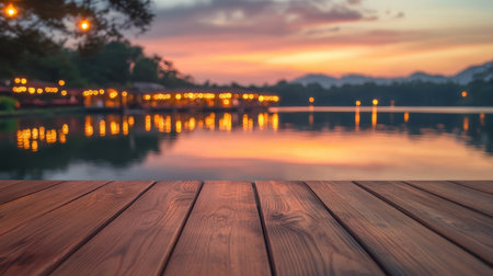 Empty wooden surface set against the backdrop of a glowing lakeside cafe, reflecting on still water at sunsetの素材