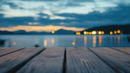 Empty wooden table overlooking a softly blurred lakeside cafe glowing warmly in the evening lightの素材