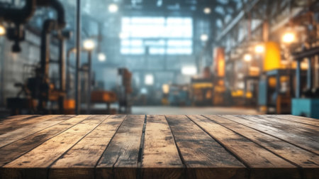 Empty wooden surface with a hazy view of an industrial factory, ideal for showcasing products or toolsの素材