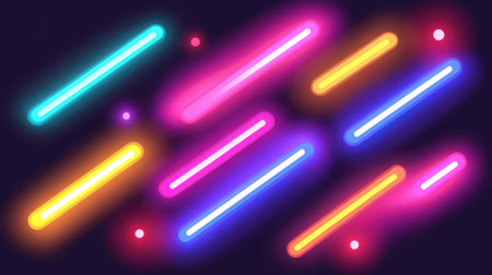 Glowing neon streaks in vibrant colors over a dark abstract background for modern and energetic designsの素材