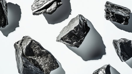 Jagged meteorite rocks with realistic textures and shadows, suspended against a white minimalistic backgroundの素材