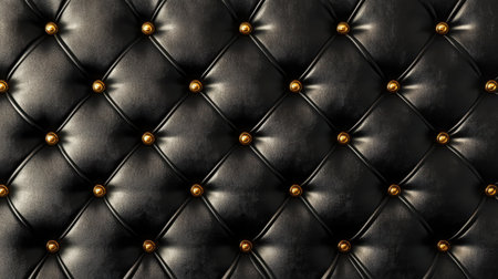 Luxurious background of black leather with gold button tufting, ideal for upscale interior design conceptsの素材