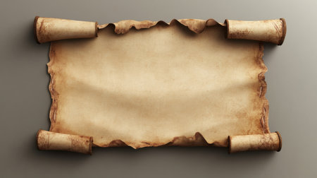 Old parchment texture with ink spots and weathered edges in a vintage brown and beige color schemeの素材