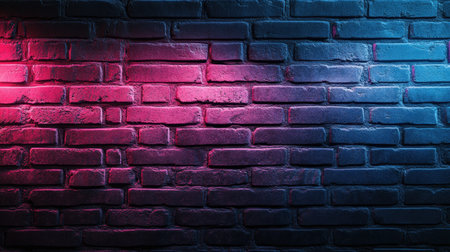 Textured brick wall illuminated by neon pink and blue lights in a striking gradient patternの素材