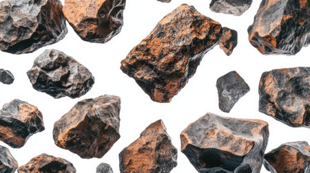 Realistic cluster of meteorite rocks suspended on a white background, highlighting intricate details and texturesの素材