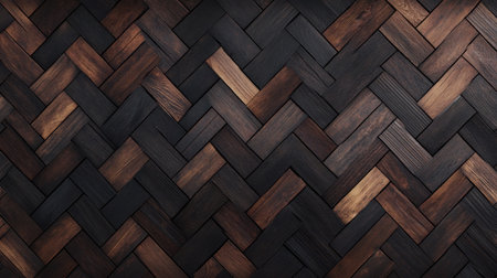 Richly textured dark wooden surface in a classic herringbone design, perfect for premium backgroundsの素材