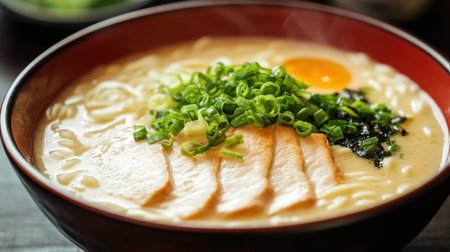 A close-up of noodles garnished with green onions in a red bowl, set on a dark background with ample copy space.の素材