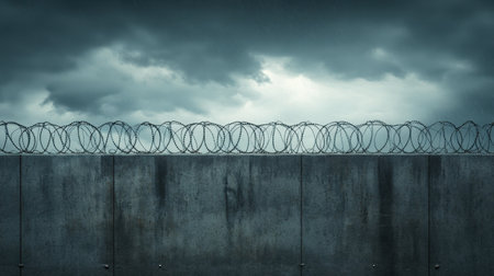 A bleak and stark concrete wall topped with coiled barbed wire under a stormy sky, the light barely breaking through.の素材