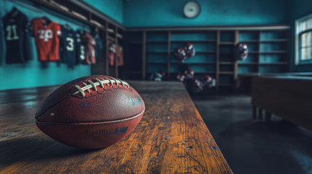 A classic American football on a worn wooden table, with helmets and jerseys hanging in the dimly lit locker room behind.の素材