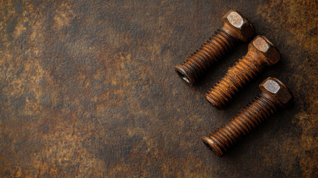 Rusted bolts on an aged industrial metal surface with a textured, weathered patina for vintage designsの素材