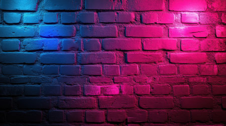 Textured brick wall illuminated by neon pink and blue lights in a striking gradient patternの素材