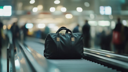 A black duffel bag sits prominently on a moving airport conveyor belt, with blurred background showcasing passengers and luggage.の素材
