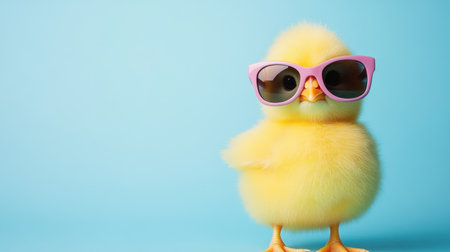 A funny yellow Easter chick wearing oversized sunglasses, standing confidently against a light blue background.の素材