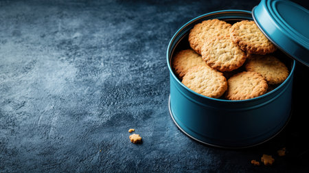 A charming blue tin packed with golden ginger biscuits, displayed on a dark background with ample space for design on the left.の素材