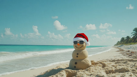 A creative sand snowman adorned with sunglasses and a Santa hat, framed by a sparkling blue ocean and golden beach.の素材