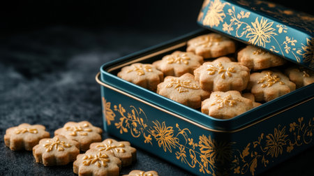 A charming blue tin packed with golden ginger biscuits, displayed on a dark background with ample space for design on the left.の素材