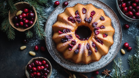 A beautifully glazed bundt cake decorated with dried cranberries, next to a bowl of cranberries and pine nuts on a rustic table.の素材