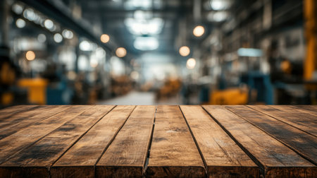Rustic wooden tabletop overlooking a blurred factory interior, highlighting tools and machineryの素材