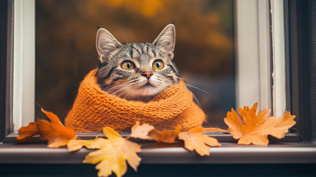 A cheerful tabby cat gazing out of a window, draped in an orange scarf, with golden autumn leaves decorating the sill.の素材