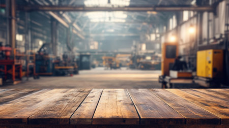 Wooden tabletop overlooking a softly blurred industrial factory with machinery and equipmentの素材