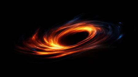 A dramatic depiction of a supermassive black hole at a galaxy's center, emitting waves of energy and light in deep space.の素材