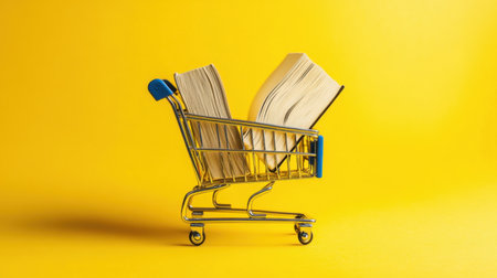 A creative shot of a miniature shopping cart with a large book inside, centered on a bright yellow background.の素材