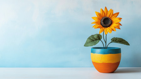 A decorative artificial sunflower in a vibrant colored wooden pot, centered on a white surface with a blank wall backdrop.の素材