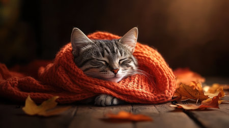 A cozy tabby cat snuggled in an orange scarf, surrounded by vibrant autumn leaves on a wooden floor, with warm light streaming inの素材