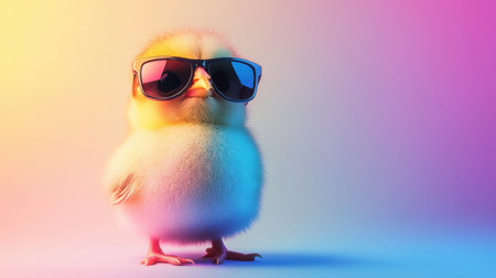 A cool Easter chick in trendy sunglasses, standing out humorously against a soft gradient background.の素材