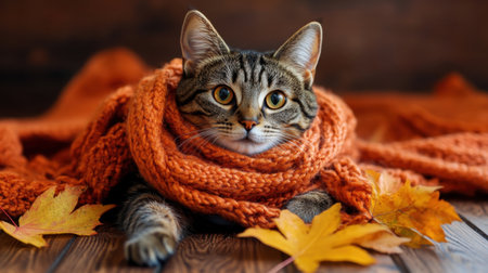 A cozy tabby cat snuggled in an orange scarf, surrounded by vibrant autumn leaves on a wooden floor, with warm light streaming inの素材
