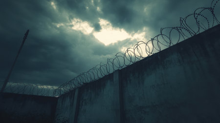 A desolate concrete wall topped with barbed wire under a dark and ominous sky, casting long shadows.の素材