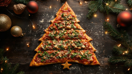 A festive pizza crafted as a tree with a crispy star-shaped topping, surrounded by holiday decor and twinkling lights.の素材