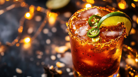 A close-up of a michelada, garnished with lime and jalapeno, surrounded by glowing string lights in a rustic ambianceの素材