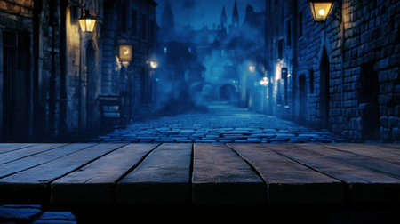 Softly blurred European night scene with an empty wooden table, ideal for overlaying food or drink conceptsの素材