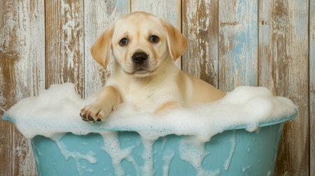 A funny scene of a Labrador puppy in a tub, covered in foam, looking adorable and mischievous, with plenty of copy space.の素材