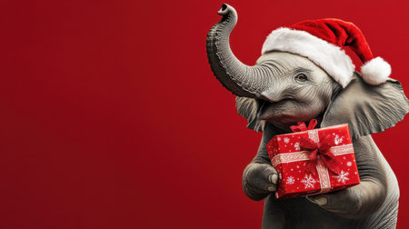 A cheerful elephant wearing a Santa hat, holding a Christmas gift with its trunk, set against a bold red backgroundの素材