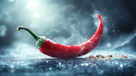 A fiery red chili pepper floating, its vibrant color enhanced by swirling dust particles, captured with high contrastの素材