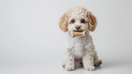 A cute small dog holding a bone in its mouth, sitting against a white background, with ample space for text or brandingの素材