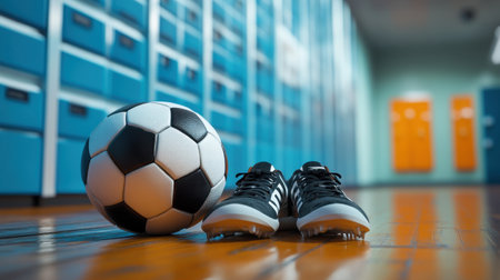 A football sitting beside a pair of cleats on a wooden surface, with the blurred backdrop of lockers and motivational posters.の素材