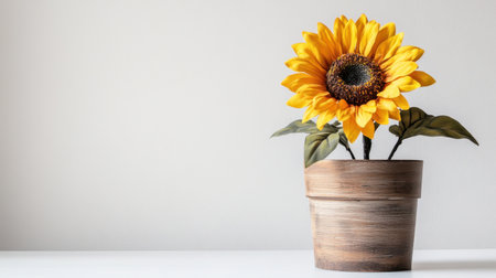 A decorative artificial sunflower in a wooden pot on a clean white surface, with an empty wall for creative use.の素材