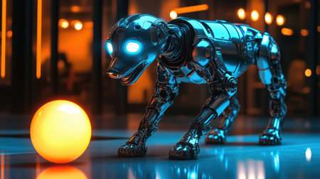 A close-up of a robotic dog with metallic features, joyfully interacting with a neon-glowing ball on a glossy floorの素材