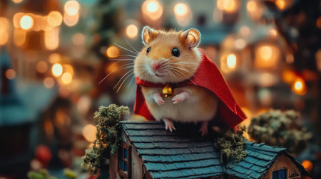 A heroic hamster wearing a red cape, standing proudly on a miniature building rooftop, with dramatic lighting in the background.の素材