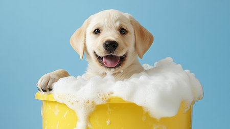 A funny scene of a Labrador puppy in a tub, covered in foam, looking adorable and mischievous, with plenty of copy space.の素材
