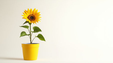 A cheerful artificial sunflower in a colorful pot, placed against a white backdrop with ample space for customization.の素材